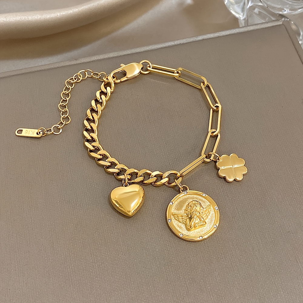 Stainless Steel Cuban Heart & Flower Bracelet, Vintage Gift